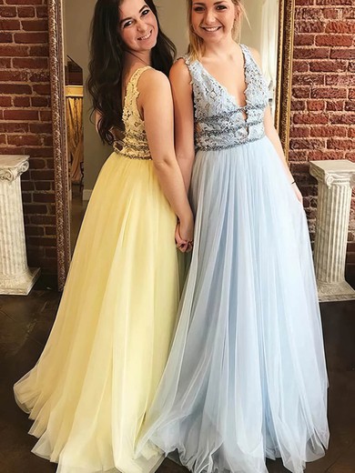 A-line V-neck Tulle Floor-length Prom Dresses With Appliques Lace #Favs020114340