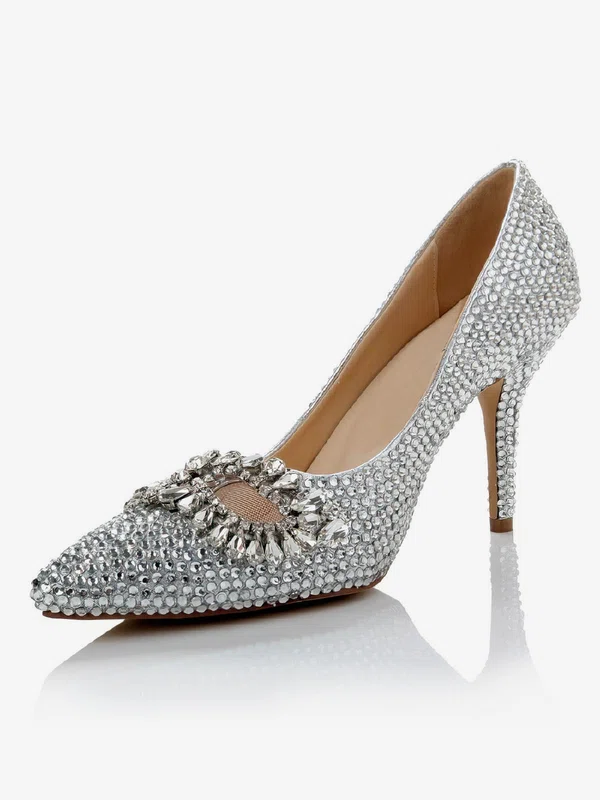 Women's Silver Real Leather Pumps with Crystal/Crystal Heel #Favs03030487