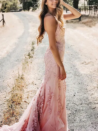 Trumpet/Mermaid Scoop Neck Tulle Sweep Train Prom Dresses With Appliques Lace #Favs020114391