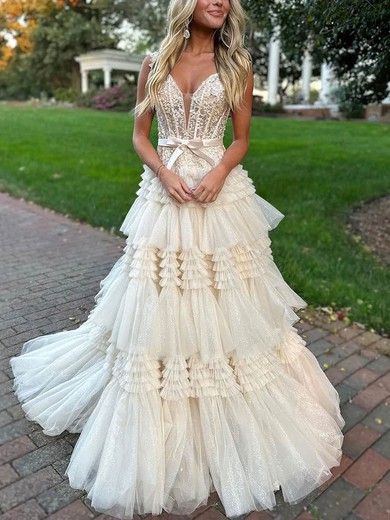 Ball Gown V-neck Tulle Glitter Sweep Train Prom Dresses With Tiered #Favs020114393