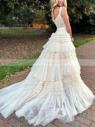 Ball Gown V-neck Tulle Glitter Sweep Train Prom Dresses With Tiered #Favs020114393