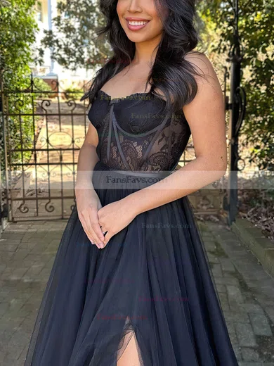 A-line Strapless Lace Tulle Floor-length Prom Dresses With Split Front #Favs020114394