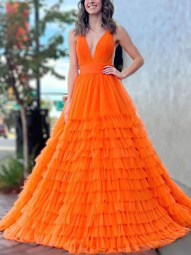 Ball Gown V-neck Tulle Sweep Train Prom Dresses With Tiered #Favs020114396