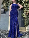 Sheath/Column One Shoulder Sequined Sweep Train Prom Dresses With Split Front #Favs020114405