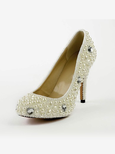 Women's Ivory Patent Leather Pumps with Rhinestone/Imitation Pearl #Favs03030495