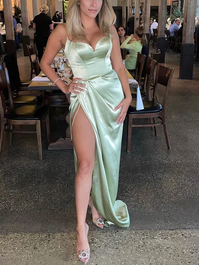 Sheath/Column V-neck Silk-like Satin Sweep Train Prom Dresses With Split Front #Favs020114408