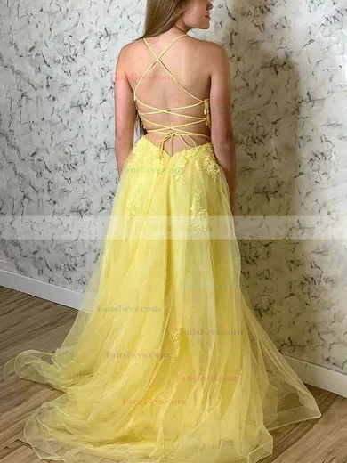 A-line Scoop Neck Tulle Sweep Train Prom Dresses With Appliques Lace #Favs020114413
