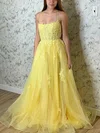 A-line Scoop Neck Tulle Sweep Train Prom Dresses With Appliques Lace #Favs020114413