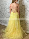 A-line Scoop Neck Tulle Sweep Train Prom Dresses With Appliques Lace #Favs020114413