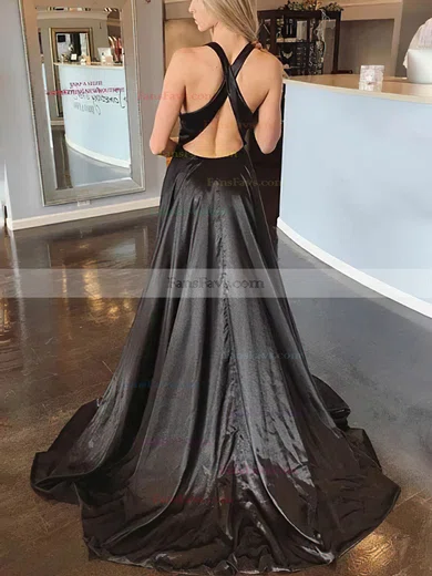 A-line V-neck Silk-like Satin Sweep Train Prom Dresses With Split Front #Favs020114416