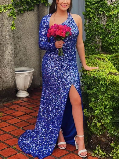 Sheath/Column V-neck Sequined Sweep Train Prom Dresses With Split Front #Favs020114429