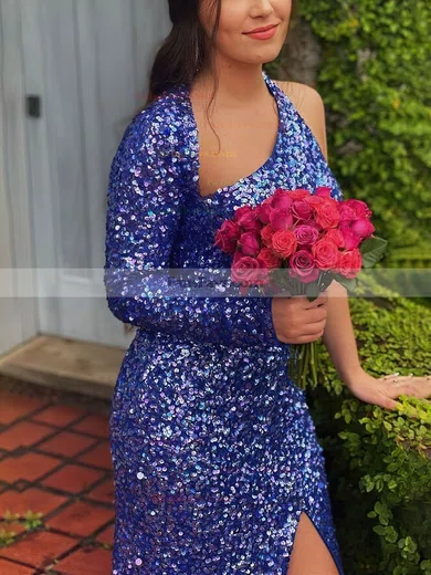 Sheath/Column V-neck Sequined Sweep Train Prom Dresses With Split Front #Favs020114429