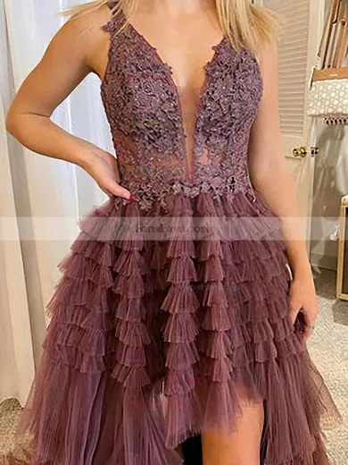 A-line V-neck Tulle Asymmetrical Prom Dresses With Tiered #Favs020114432