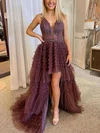 A-line V-neck Tulle Asymmetrical Prom Dresses With Tiered #Favs020114432