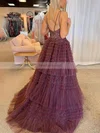 A-line V-neck Tulle Asymmetrical Prom Dresses With Tiered #Favs020114432