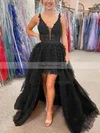 A-line V-neck Tulle Asymmetrical Prom Dresses With Tiered #Favs020114432