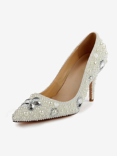 Women's Ivory Patent Leather Pumps with Rhinestone/Imitation Pearl #Favs03030501
