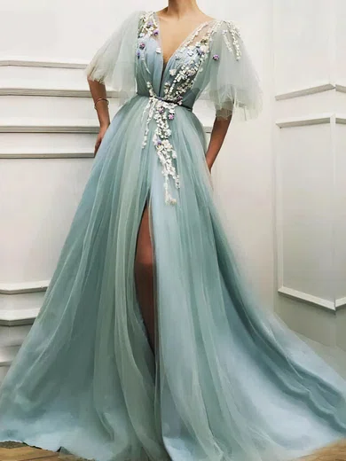 A-line V-neck Tulle Sweep Train Prom Dresses With Split Front #Favs020114452
