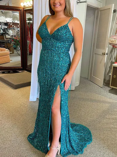 Sheath/Column V-neck Sequined Sweep Train Prom Dresses With Split Front #Favs020114460