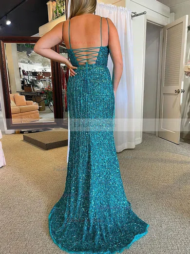Sheath/Column V-neck Sequined Sweep Train Prom Dresses With Split Front #Favs020114460