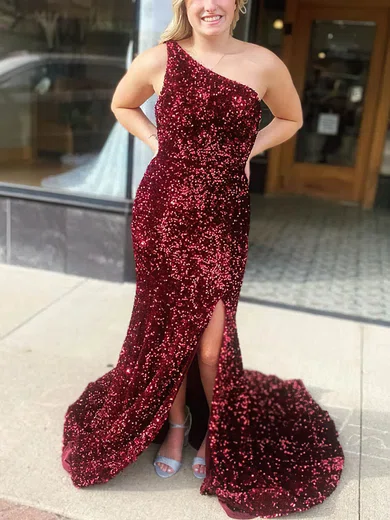 Sheath/Column One Shoulder Sequined Sweep Train Prom Dresses With Split Front #Favs020114461