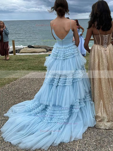 A-line V-neck Tulle Sweep Train Prom Dresses With Tiered #Favs020114462
