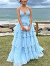A-line V-neck Tulle Sweep Train Prom Dresses With Tiered #Favs020114462