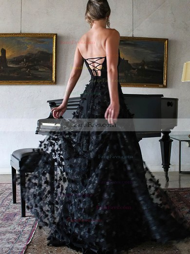 A-line Strapless Tulle Sweep Train Prom Dresses With Flower(s) #Favs020114468