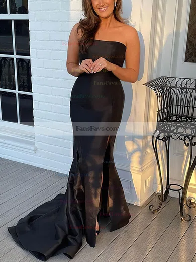 Sheath/Column Strapless Satin Sweep Train Prom Dresses With Split Front #Favs020114489