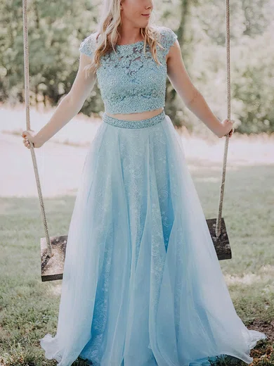 A-line Scoop Neck Lace Tulle Sweep Train Prom Dresses With Sashes / Ribbons #Favs020114512