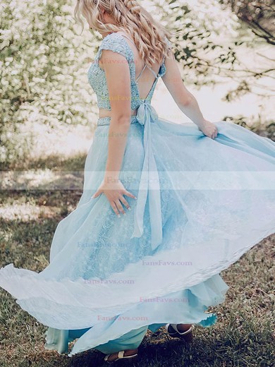 A-line Scoop Neck Lace Tulle Sweep Train Prom Dresses With Sashes / Ribbons #Favs020114512