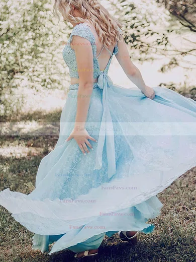 A-line Scoop Neck Lace Tulle Sweep Train Prom Dresses With Sashes / Ribbons #Favs020114512