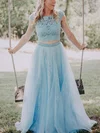 A-line Scoop Neck Lace Tulle Sweep Train Prom Dresses With Sashes / Ribbons #Favs020114512