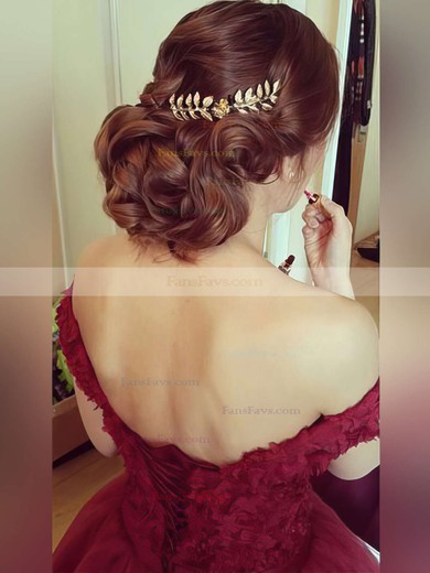 Ball Gown Off-the-shoulder Tulle Sweep Train Appliques Lace Prom Dresses #Favs020102328