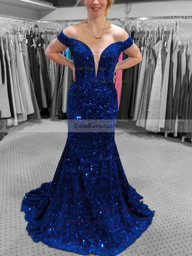 Sheath/Column Off-the-shoulder Sequined Sweep Train Prom Dresses #Favs020114551