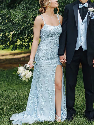 Sheath/Column Scoop Neck Tulle Sweep Train Prom Dresses With Appliques Lace #Favs020114562