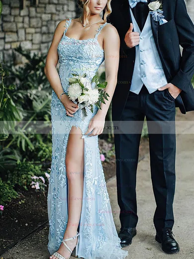 Sheath/Column Scoop Neck Tulle Sweep Train Prom Dresses With Appliques Lace #Favs020114562