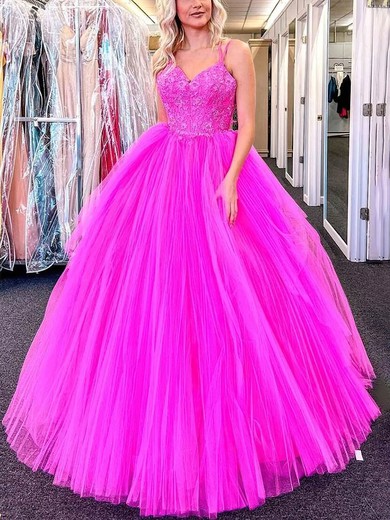 Ball Gown V-neck Tulle Floor-length Prom Dresses With Appliques Lace #Favs020114583