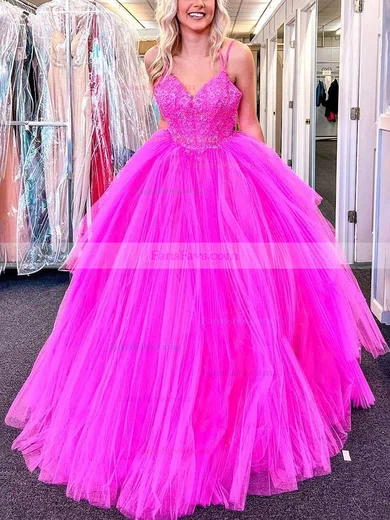 Ball Gown V-neck Tulle Floor-length Prom Dresses With Appliques Lace #Favs020114583