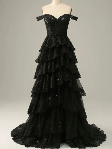 A-line Off-the-shoulder Lace Sweep Train Prom Dresses With Tiered #Favs020114605