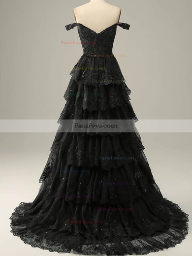 A-line Off-the-shoulder Lace Sweep Train Prom Dresses With Tiered #Favs020114605