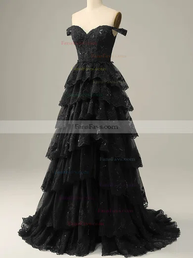 A-line Off-the-shoulder Lace Sweep Train Prom Dresses With Tiered #Favs020114605