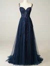 A-line V-neck Tulle Sweep Train Prom Dresses With Pearl Detailing #Favs020114612