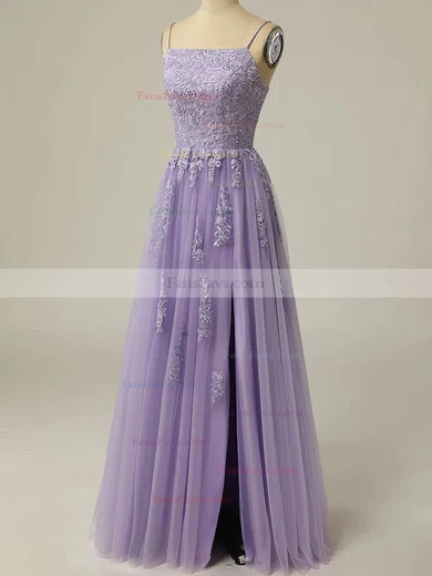 A-line Square Neckline Tulle Floor-length Prom Dresses With Split Front #Favs020114613