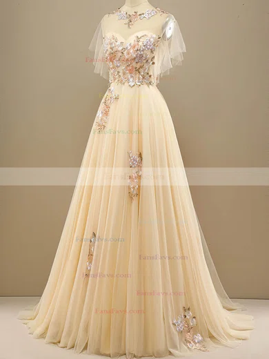 A-line Scoop Neck Tulle Sweep Train Prom Dresses With Appliques Lace #Favs020114616