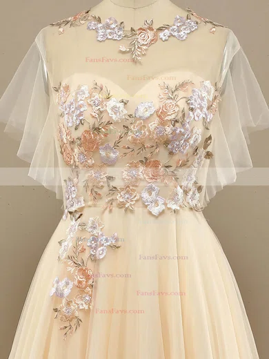 A-line Scoop Neck Tulle Sweep Train Prom Dresses With Appliques Lace #Favs020114616