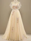 A-line Scoop Neck Tulle Sweep Train Prom Dresses With Appliques Lace #Favs020114616