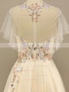 A-line Scoop Neck Tulle Sweep Train Prom Dresses With Appliques Lace #Favs020114616