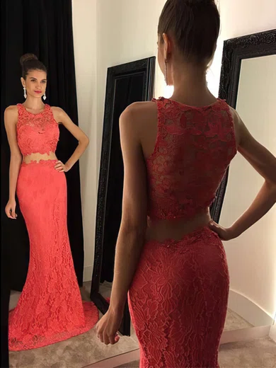 Trumpet/Mermaid Scoop Neck Lace Sweep Train Appliques Lace Prom Dresses #Favs020102334