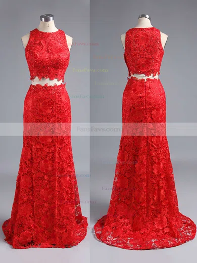 Trumpet/Mermaid Scoop Neck Lace Sweep Train Appliques Lace Prom Dresses #Favs020102334